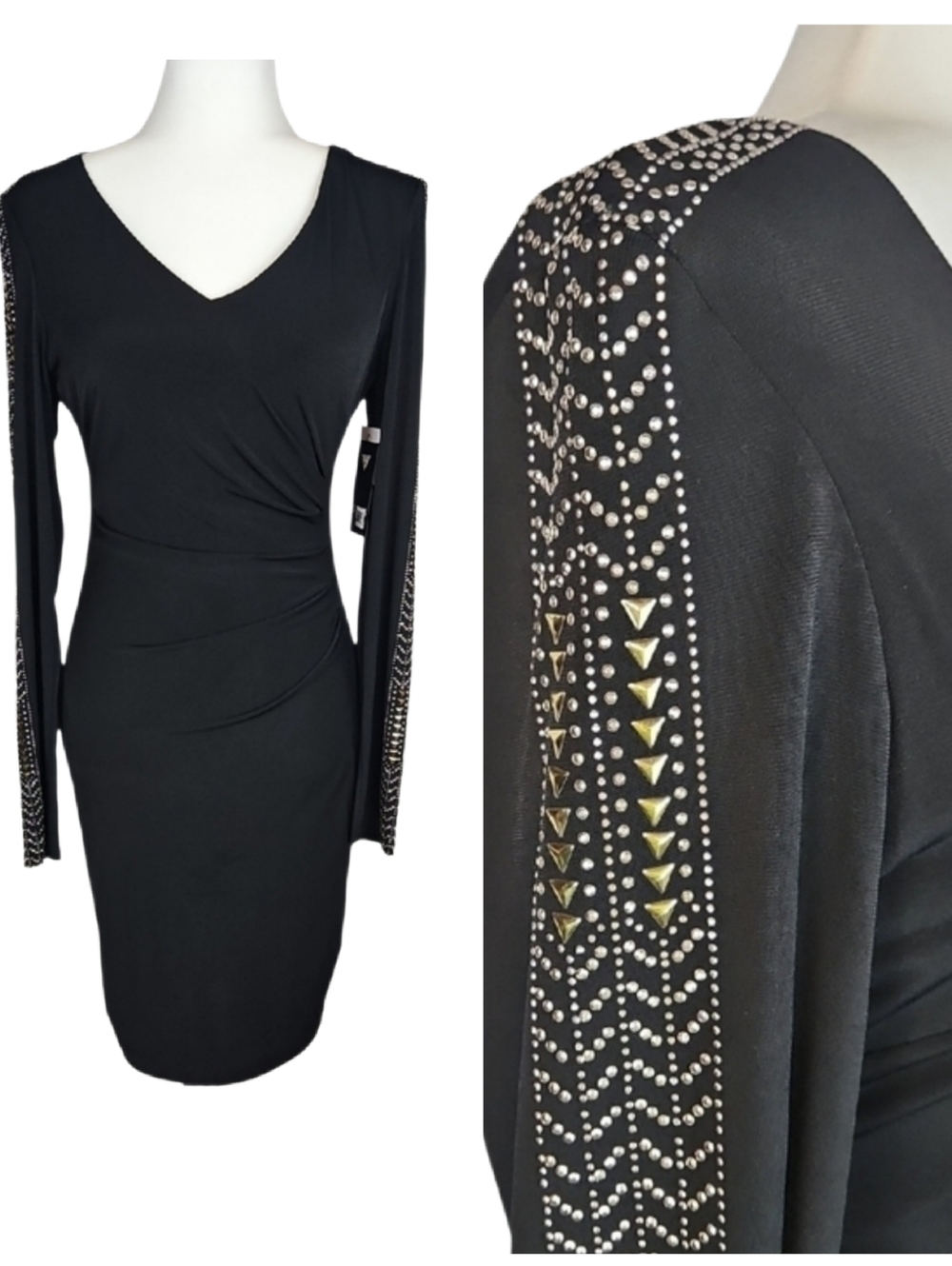 NEW GUESS Studded Black Party Dress Longsleeve V-neck Bling Going Out Dress 6
